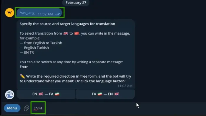 تنظیم ربات برای ترجمه